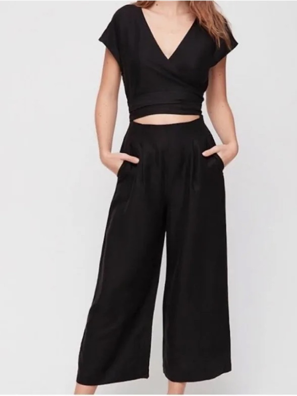 Wilfred Brax Linen Blend Jumpsuit Cut Out Wrap Top Wide Leg Cropped - Picture 11 of 11
